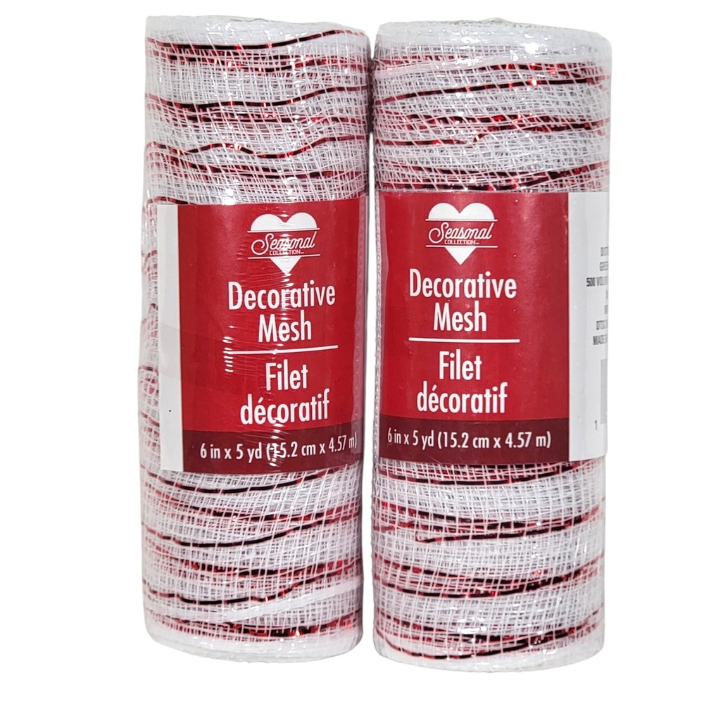 Seasonal Collection White Red Deco Mesh 6" x 5 Yds Lot of 2 Decorative Wreath‎